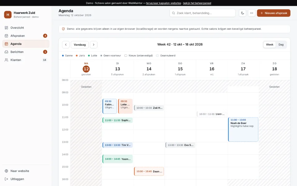 Beheerpaneel van een demosalon met de weekagenda en binnengekomen afspraken